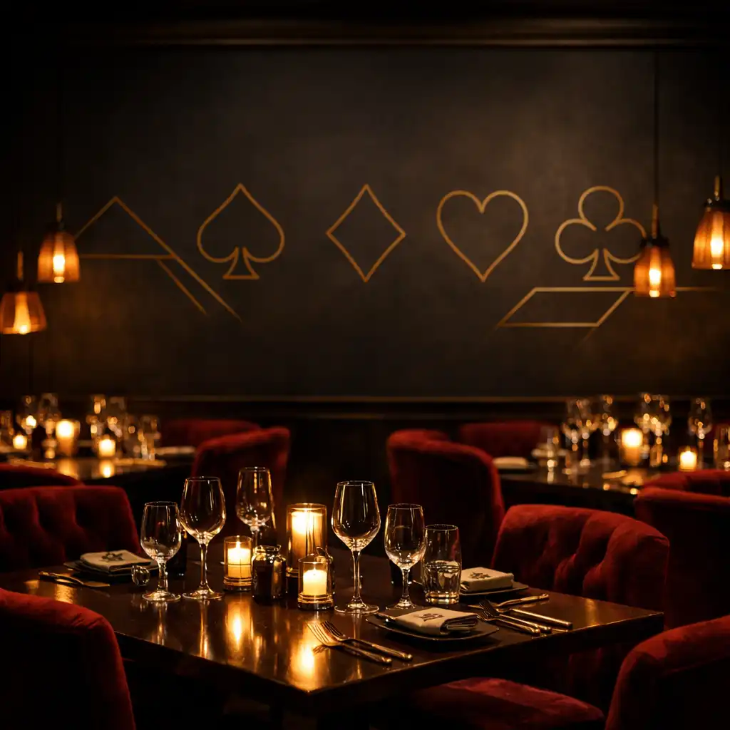 Elegancka sala restauracji Stolik Vuno z ciepłym, przygaszonym światłem, ciemnymi ścianami i aksamitnymi fotelami
