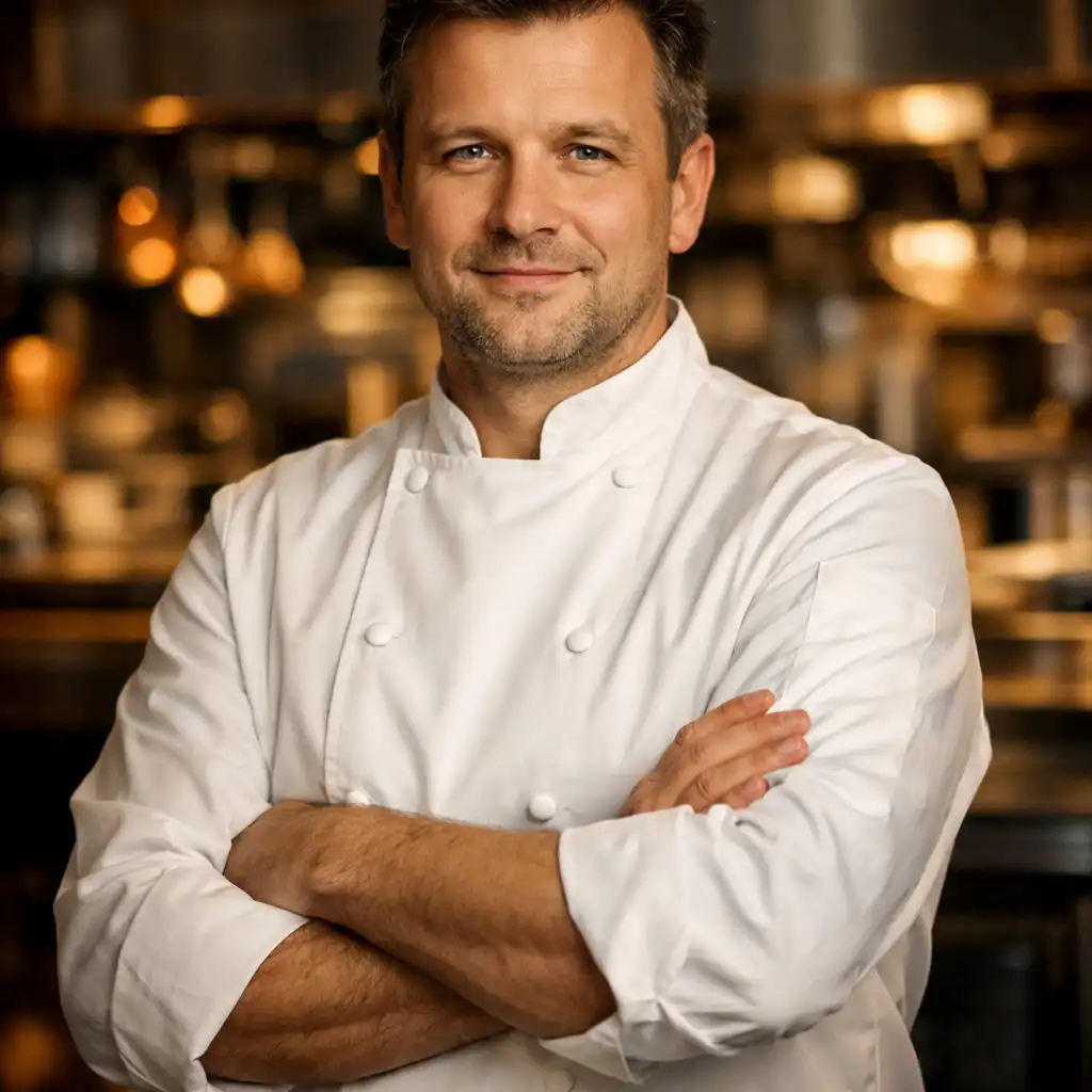 Szef kuchni Jan Kowalski w białej kurtce, stojący w nowoczesnej kuchni restauracji Stolik Vuno