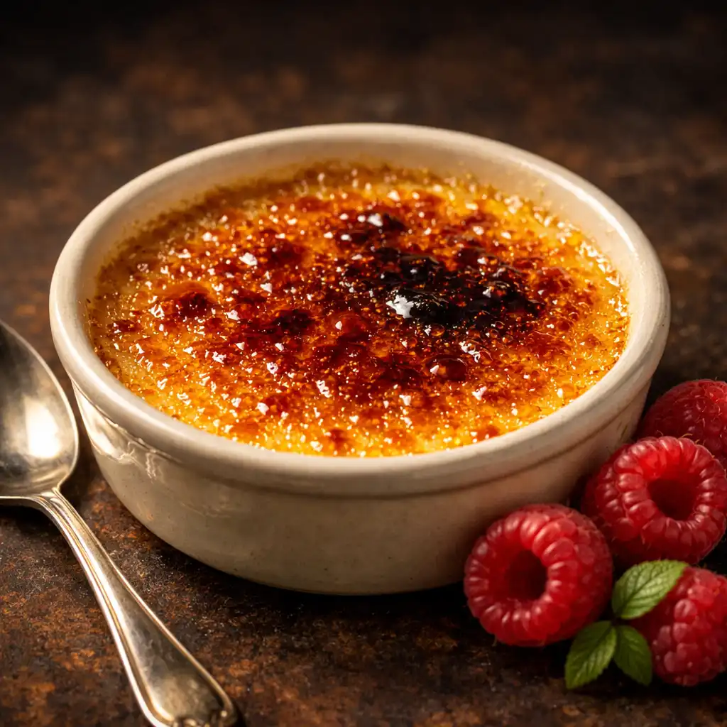 Krem brulee z wanilią i chrupiącą karmelową skorupką podany z malinami