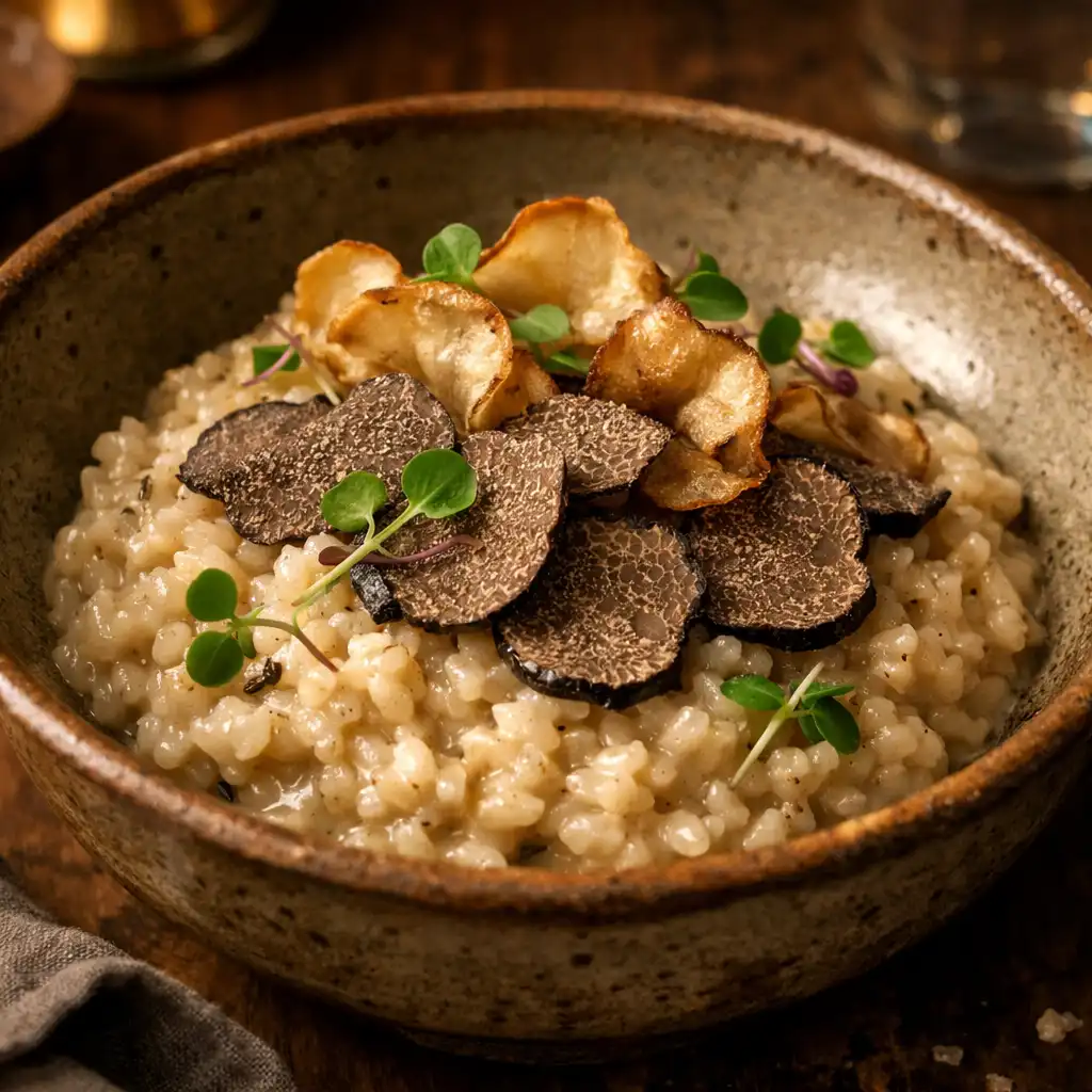 Wegetariańskie risotto z truflą, parmezanem i chipsami z topinamburu