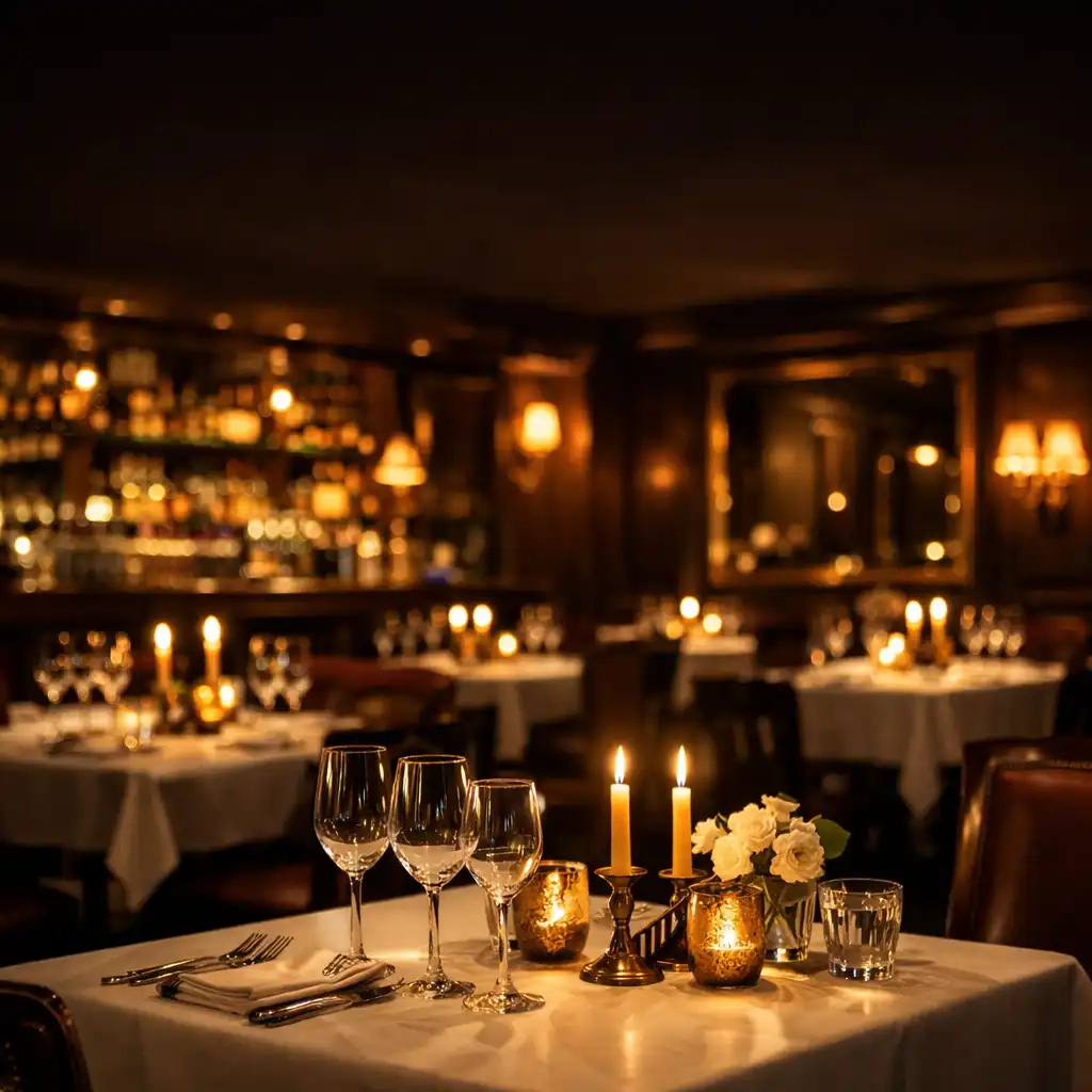 Elegancka sala restauracyjna Stolik Vuno wieczorem z nakrytymi stolikami i ciepłym oświetleniem