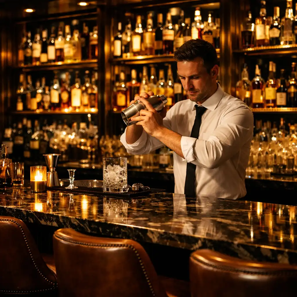 Elegancki bar w Stolik Vuno z marmurowym blatem, podświetlanymi półkami i skórzanymi hokerami