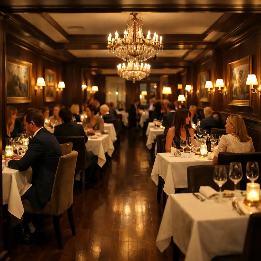 Główna sala restauracji Stolik Vuno z rzędami stolików, żyrandolami i ciemną boazerią