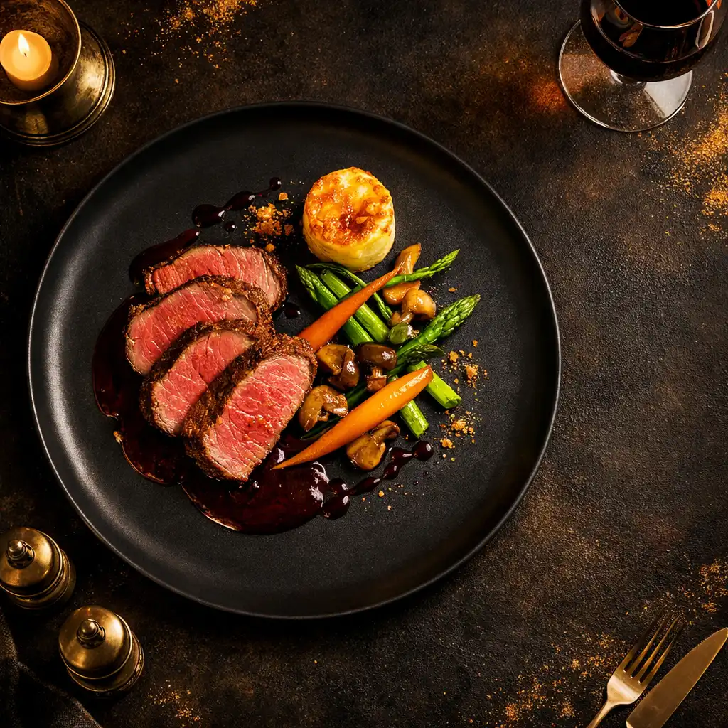 Eleganckie danie główne na ciemnym talerzu w restauracji Stolik Vuno