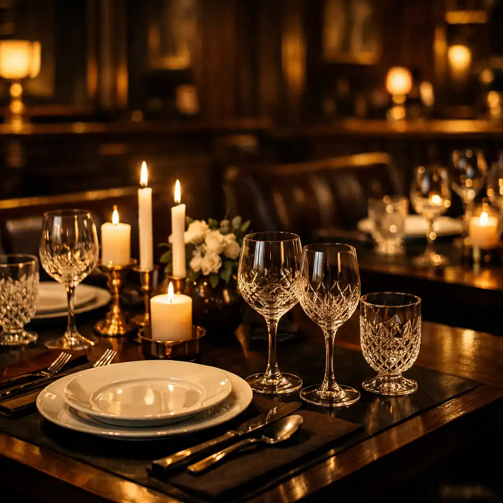 Elegancko nakryty stół w ciemnej restauracji Stolik Vuno, kieliszki, talerze i świece