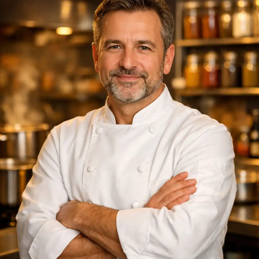 Portret szefa kuchni Stolik Vuno w białym kitlu, stojącego w kuchni restauracji