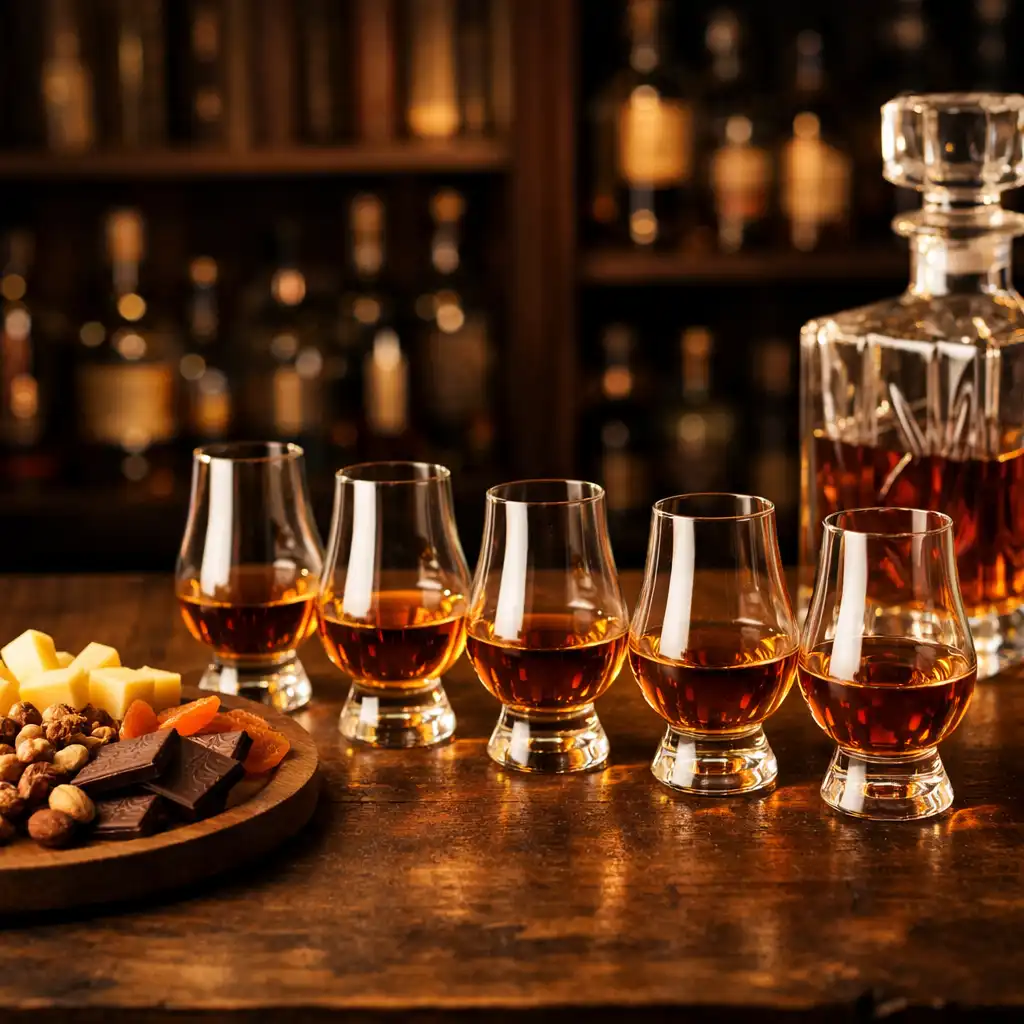 Degustacja whisky z pięcioma kieliszkami, karafką i talerzem przekąsek na tle ciemnej biblioteki